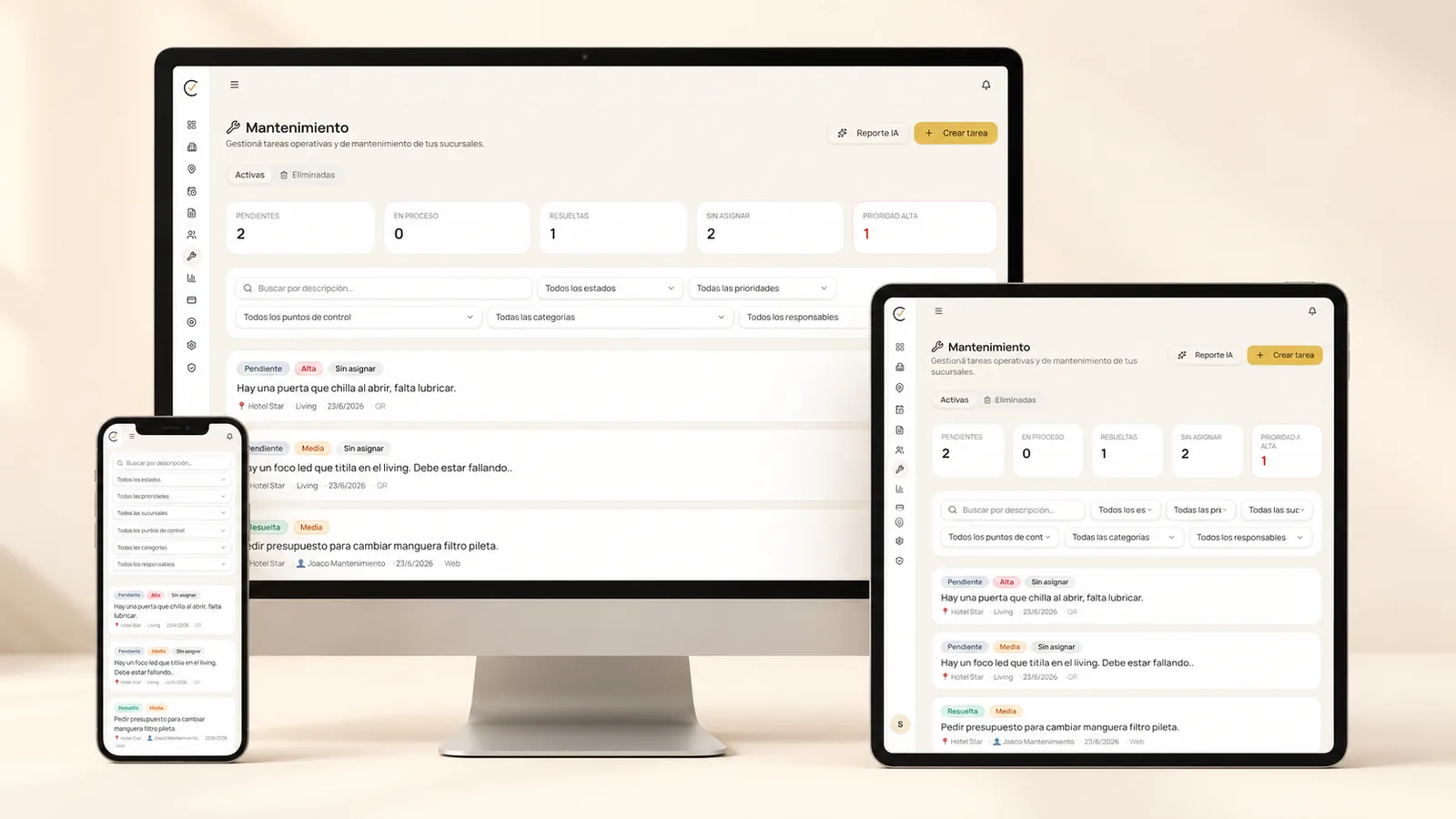 Módulo de Mantenimiento y Seguimiento de Calm Owner visualizado en computadora, tablet y celular.